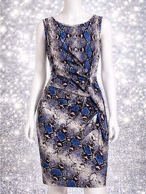 Diane Von Furstenberg Blue and Black Snake-Print Midi Sheath Dress
